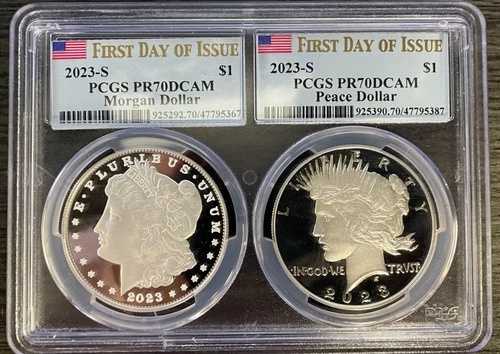 2023年 S モーガン＆ピース シルバー プルーフ $1 PCGS PR70 DCAM 2枚セット（ケース割れ）