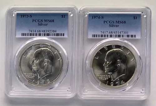 1973年と1974年 S スーパーブジェムシルバーアイゼンハワー $1 コイン 2枚 PCGS 68セット