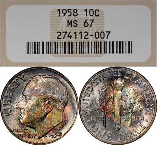 MS67 1958年 10セント ルーズベルト シルバーダイム、NGC-ファッティホルダー、レインボーミントセット トーン