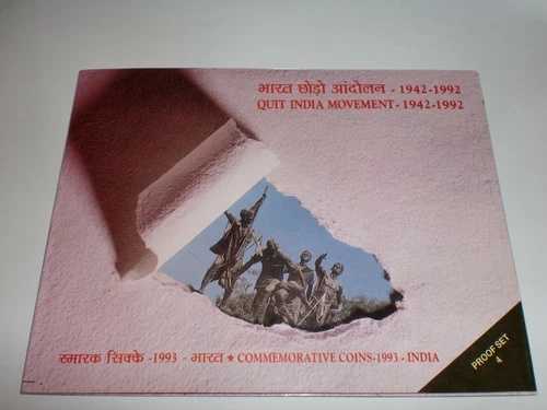 インド - 4枚のコインプルーフセット - 「インド撤退運動 - 1942-1992」 - 1993年 - 100ルピー、50ルピー、10ルピー、1ルピー