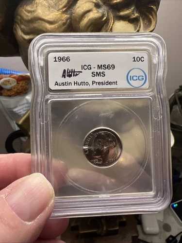 1966年ルーズベルト・ダイム ICG - MS69 SMS。スペシャルミントセット。オースティン・ハットー直筆サイン入り。10セント