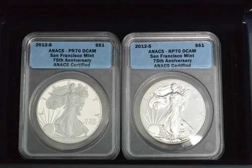 2012-S アメリカンシルバー 2枚セット ANACS リバース/プルーフ RP70/PR70 箱/COA付き