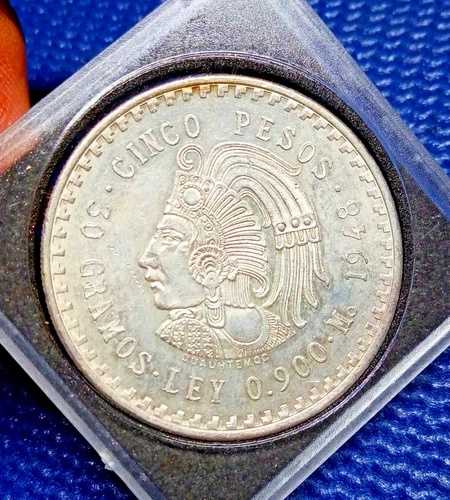 メキシコ $5 ペソ 1948 クアウテモック アステカ、銀貨 .900