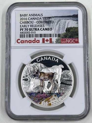 2016年カナダS$20 NGC PF70 ウルトラカメオ カリブー カラーライズド ベビーアニマルコレクション