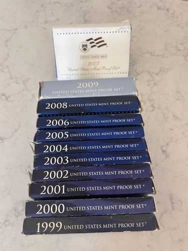 1999年から2009年までの11年間ロット、米国造幣局プルーフセットコレクション、127枚のコイン、COA + ボックス付き