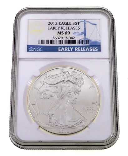 2012年 S$1 シルバーアメリカンイーグル、NGC により MS-69 アーリーリリースと評価