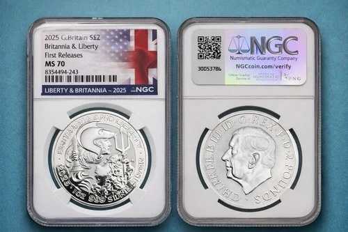 2025年 G. ブリテン S?2 ブリタニア＆リバティ シルバーコイン 初版 NGC MS 70