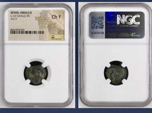 紀元前100年-紀元前27年 ケルト トゥルデタニ人 コイン オブルコ NGC 鑑定済み イベリア 雄牛 アポロ