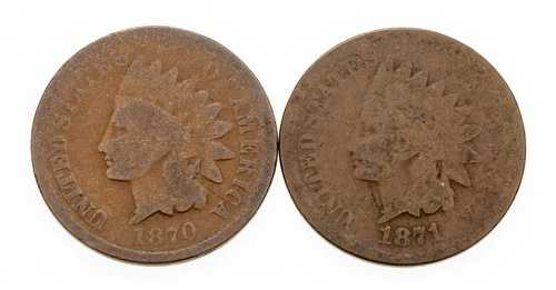 インディアンセント硬貨2枚セット（1870年＋1871年）状態良好、ブラウンカラー