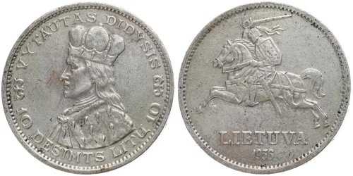 リトアニア。10リトゥ 1936年 - 銀貨 0.750、18g、直径32mm Km#83