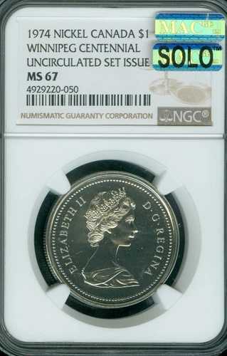 1974 DY VARIETY 3 カナダ 1ドル NGC MS67 PL67 MAC SOLO & SPOTLESS 非常に希少 *