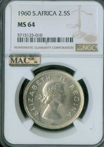 1960年 南アフリカ 2.5シリング NGC MS64 MAC スポットレス 希少 *