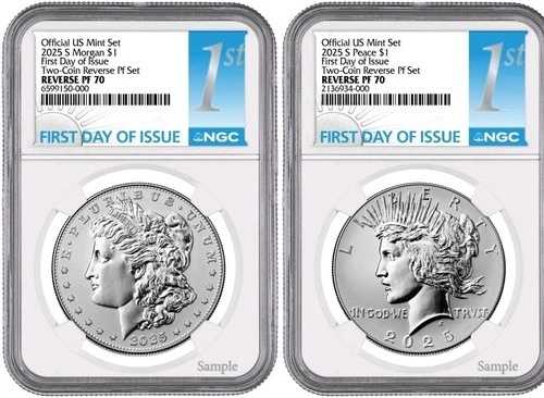 2025-S (PF70) リバースプルーフ モルガン＆ピース シルバーダラー (2枚セット) FDOI NGC