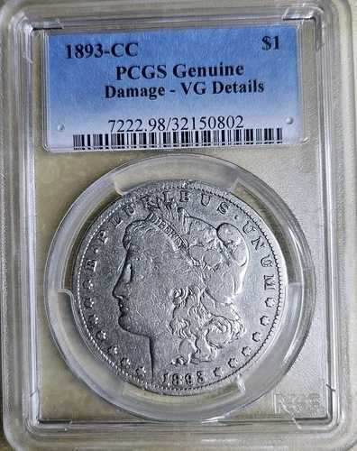 1893 CC モルガン シルバー ダラー $1 PCGS 本物 ダメージあり VG 詳細