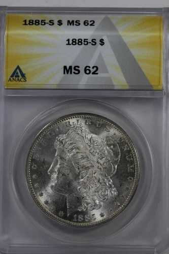 1885-S 1.00 ANACS MS62 モルガン銀貨、ミス・リバティ・ヘッド・ドル、1ドル