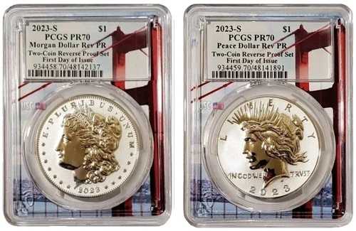 2023-S リバース プルーフ モーガン・N・ピース ドル NGC PF70 FDOI ゴールデン ゲート コイン セット。