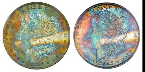 1885-O PCGS MS63 (OGH) モーガン $ - ゴージャス スペクトラム - レインボートーン (ビデオ)