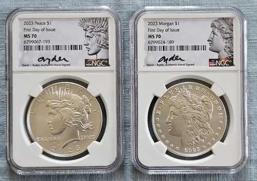 2023年 1ドル ピース＆モーガン ドル NGC MS70 FDOI デビッド・ライダー直筆サイン入り