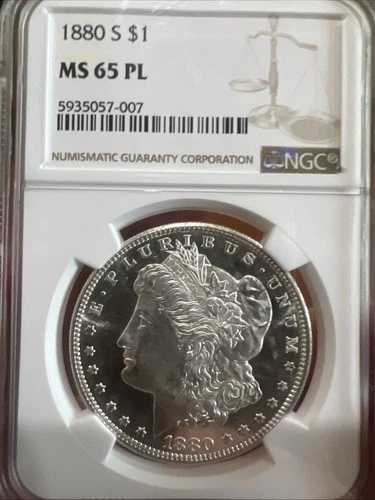 1880-S NGC MS65PL モーガン シルバー ダラー プルーフ ライク、ブラスト ホワイト (アンダーグレード?)