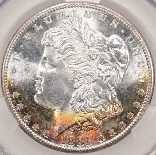 1881-S 1ドル モルガン・ダラー CACG MS66 -- ホワイトジェム、周辺部は燃えるようなオレンジ色