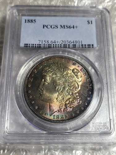 1885-P モルガン・ダラー トナー PCGS MS64+ 鮮やかな色 レインボートーン ?? 美しい