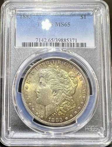 1883-P モルガン銀貨 PCGS MS65 - 素晴らしいグリーン/エメラルドレインボートーン