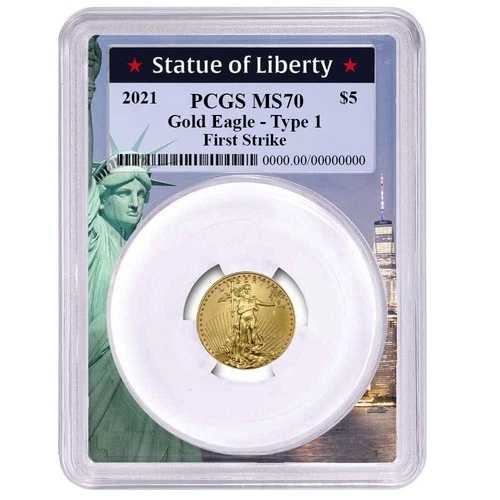2021年 5ドル タイプ1 アメリカン ゴールド イーグル 1/10オンス PCGS MS70 FS 自由の女神像フレーム
