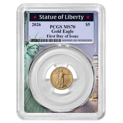 2026年 5ドル アメリカンゴールドイーグル 1/10オンス PCGS MS70 FDOI 自由の女神像フレーム