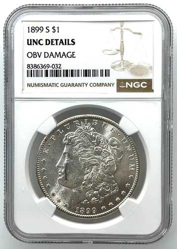 1899 S $1 モルガン銀貨 NGC UNC 詳細 OBV ダメージ