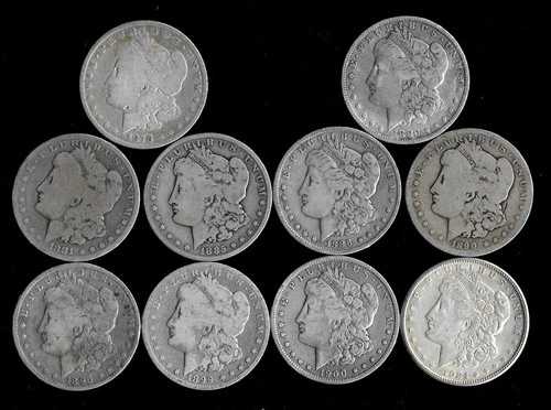 モルガン・ドル 10枚 90%銀貨 (1878-1921) 「低級品/選別品」 ロット E96
