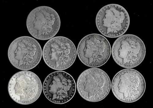 モルガン・ドル 10枚 90%銀貨 (1879-1921) 「低級品/選別品」 ロット E93