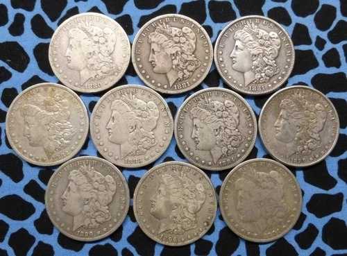 1921 年以前のモルガン シルバー ダラー 10 枚の半ロール、一部セミキー、1880 O、1881 S...