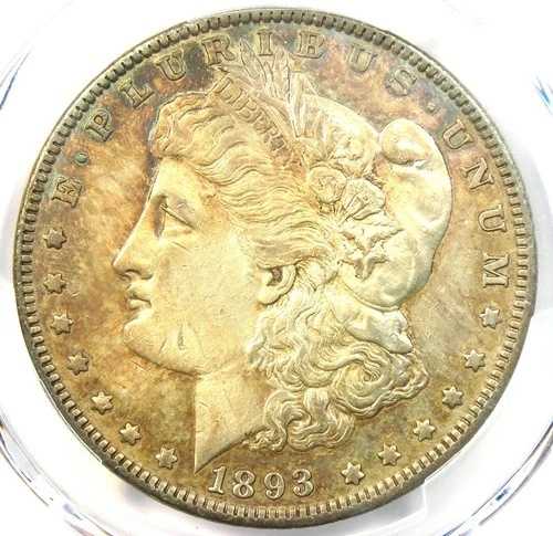 1893 年モーガン シルバー ダラー 1 ドル コイン - PCGS AU 詳細認定 - 希少な日付!