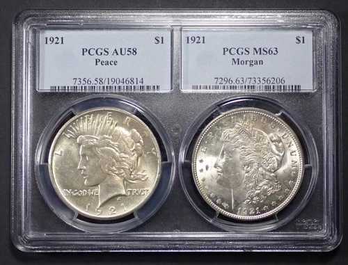 1921年 PCGS デュアルホルダー - ピース（AU58 ハイレリーフ）モルガン（MS63）｜WORLD RESOURCE【QUEEN店】