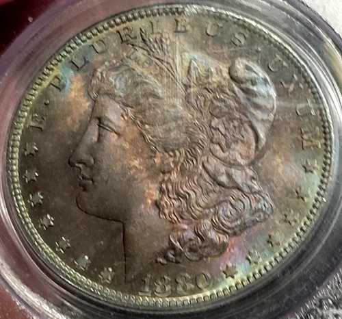 モンスタートーン 1880-S モルガン銀貨 PCGS MS65 両面レインボートーン
