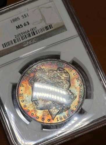 1885年 モルガン銀貨 NGC MS63 虹色のロールエンドパターン 美しい光沢