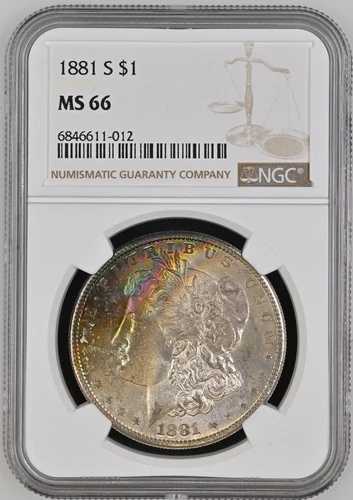 1881年 S モーガン シルバー ドル レインボー トーニング NGC MS 66