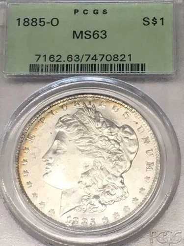1885-O モルガン銀貨 $ドル エラーコイン PCGS レインボートーン MS63 第2世代 グリーン