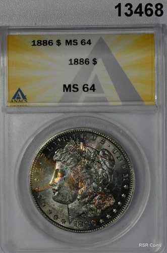 1886年 モルガン銀貨 ANACS認定 MS64 鮮やかな表面レインボー ワオ! #13468|WORLD RESOURCE【QUEEN店】