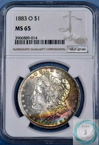 1883-O モルガン ダラー NGC MS 65 - 三日月形の表側がレインボー トーン!!!