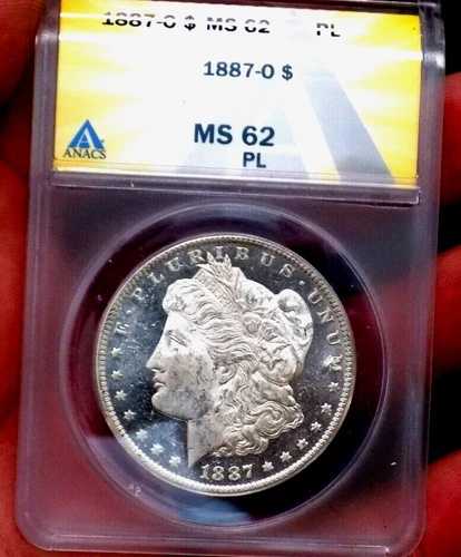 モルガン銀貨 1887 O ANACS MS 62 PL ガラス製 希少年号 DMPL付近