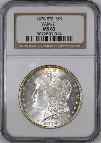1878年 8TF モルガン銀貨 VAM-21 $1 - NGC MS63 -