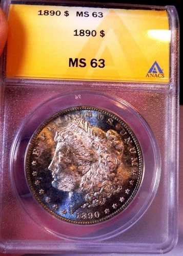モルガン シルバー ダラー 1890 P ANACS MS 63 モンスター レインボー パープル オレンジ ネオン グロー!