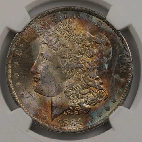 1884-O モルガン $1 NGC CAC 認定 MS63 スター カラフルトーン表面