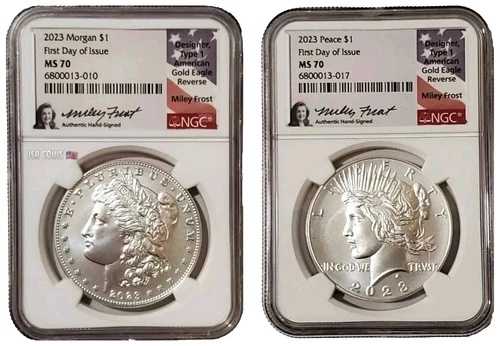 2023-P $1 モーガン・アンド・ピース ドル NGC MS70 FDOI マイリー・フロスト サイン コイン シルバー セット。