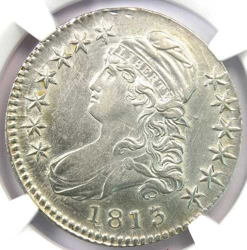 1813 年、キャップド バスト ハーフ ドル 50 セント コイン - NGC AU 詳細認定 - 希少な日付!