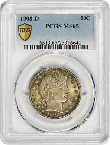 1908-D バーバー シルバー ハーフドル MS65 PCGS