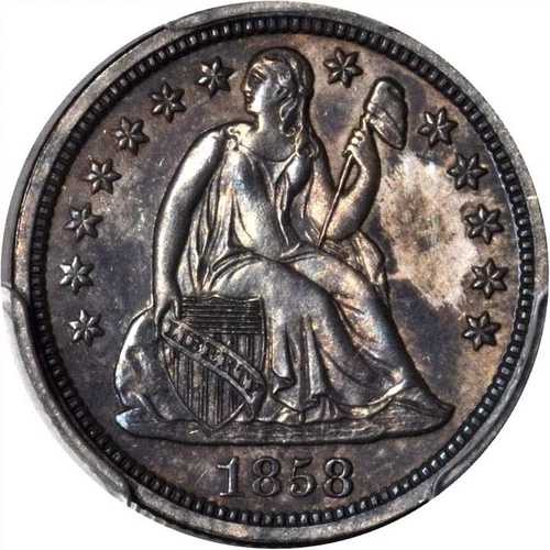 1858年 PCGS PR64 わずか100枚鋳造！希少プルーフ 座像ダイム 星柄 表面 10セントタイプ