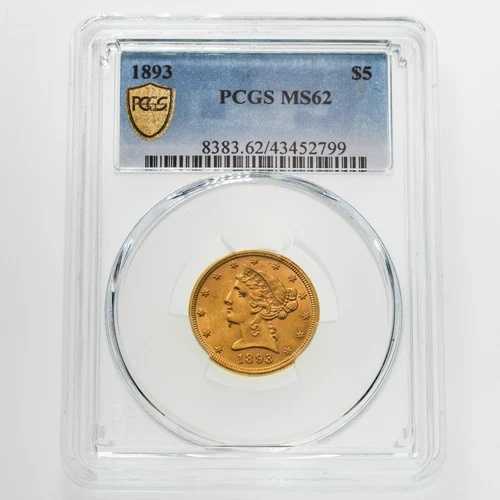 1893年製 5ドル金貨 リバティ・ハーフイーグル、PCGS MS-62 認定！ 美しい初期の米国金貨！