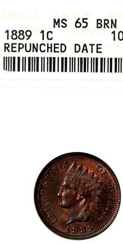 1889 1C MS65BN ANACS- 希少な再打ち抜き日付- ナイス（インディアンヘッドペニー）